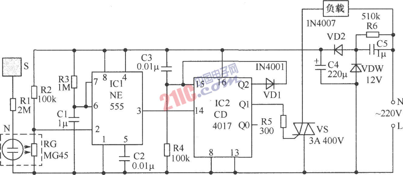 光電耦合器組成的觸摸開關(guān)電路圖