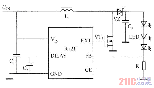R1211驅(qū)動白光LED應(yīng)用電路圖.gif