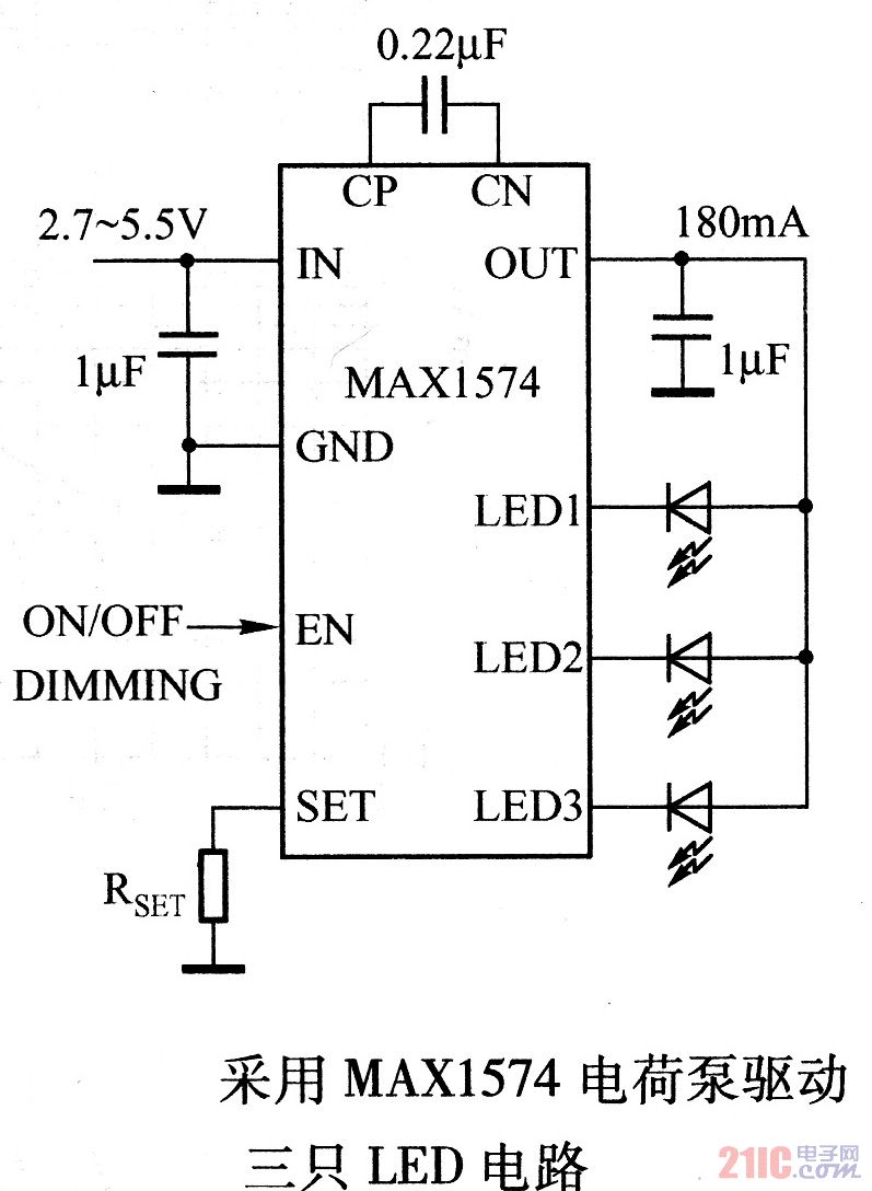 采用MAX1574電荷泵驅(qū)動(dòng)三只LED電路.jpg