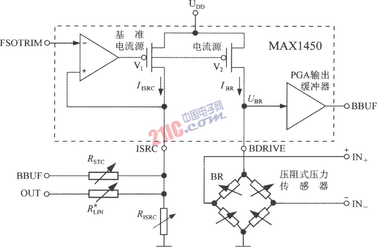 集成壓力信號調(diào)理器MAX1450構(gòu)成的電橋驅(qū)動電路圖