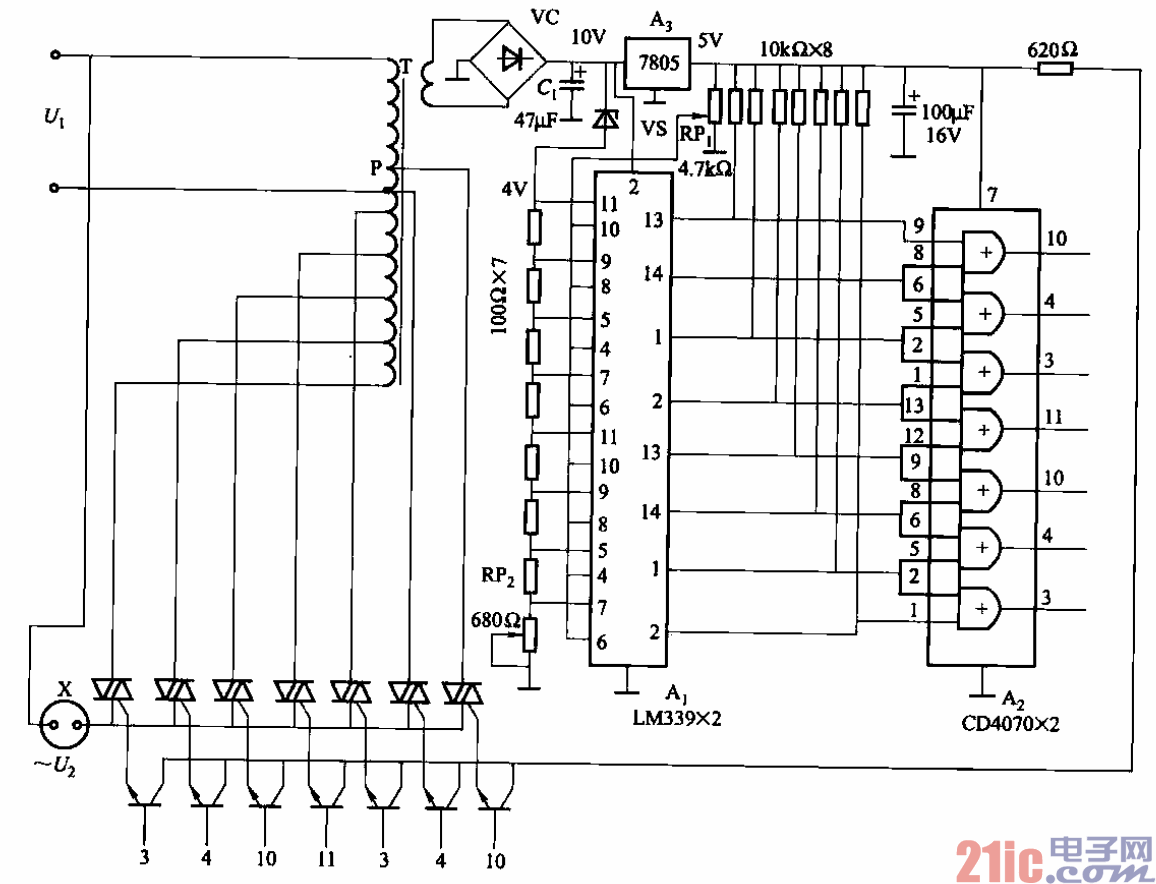 91.晶閘管換擋的自耦變壓器式交流穩(wěn)壓電源電路.gif