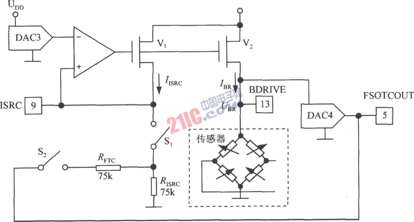 數(shù)字式壓力信號(hào)調(diào)理器MAX1458的電橋激勵(lì)電路圖