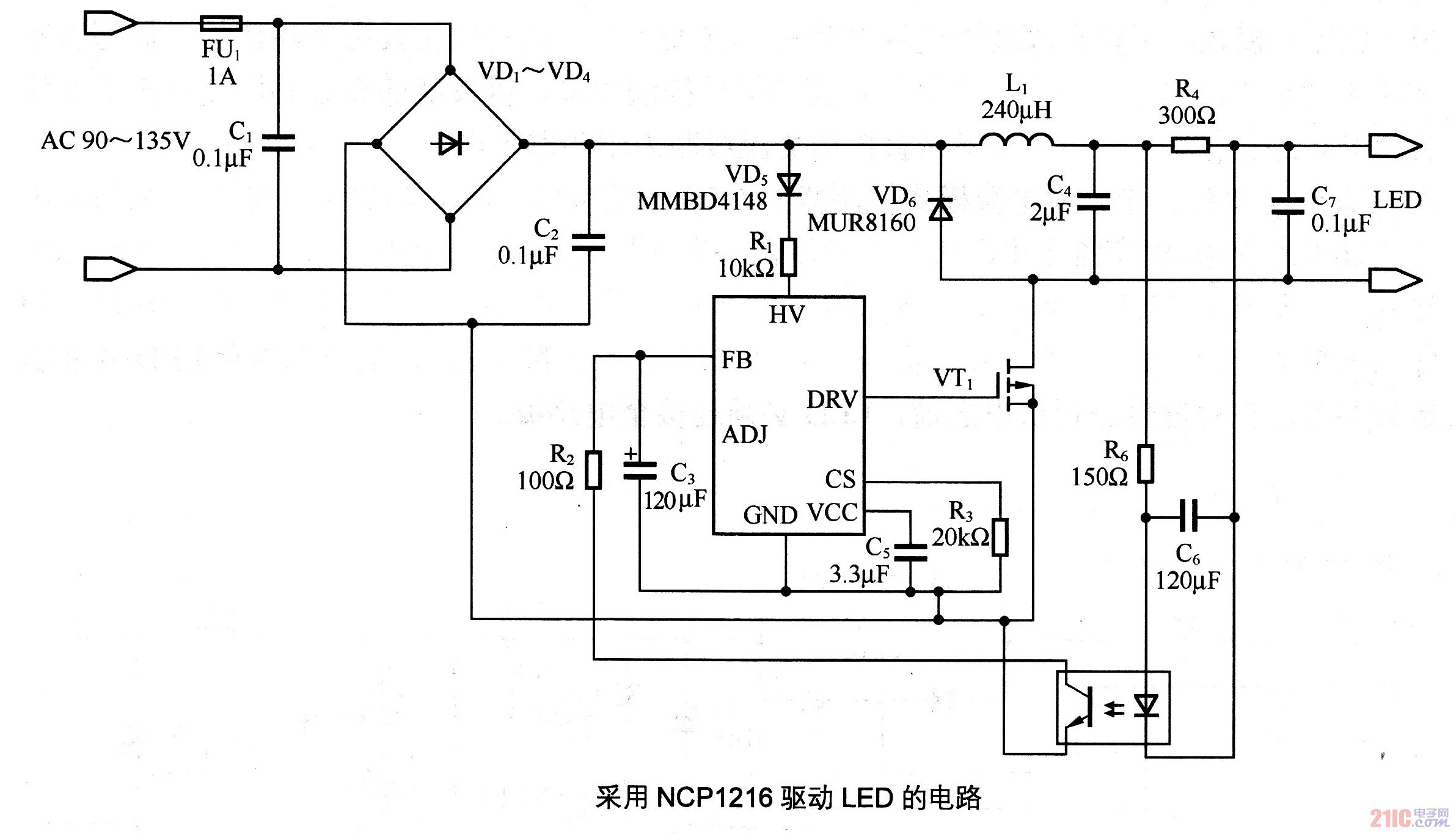 采用NCP1216驅(qū)動(dòng)LED的電路.jpg