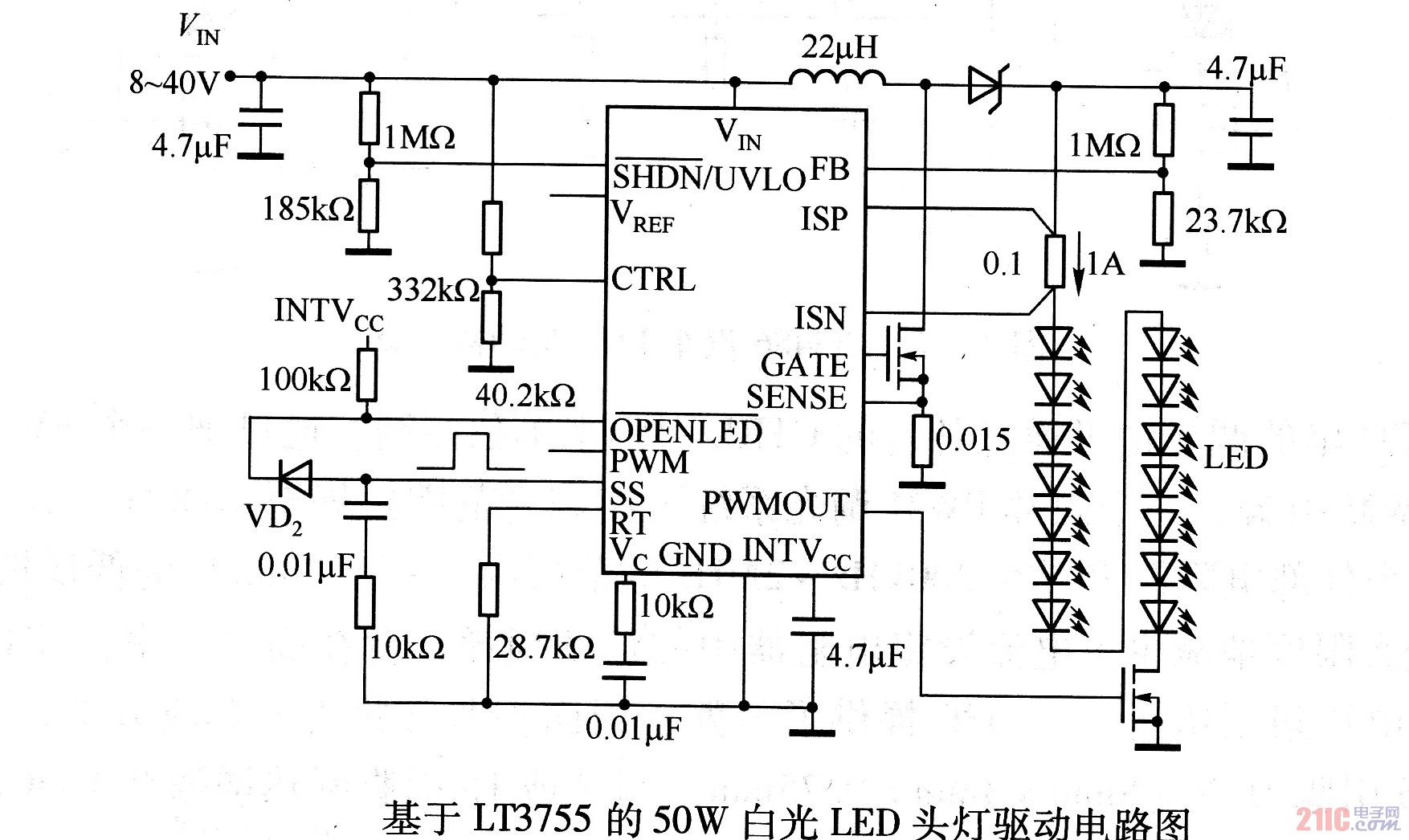 基于LT3755的50W白光LED頭燈驅(qū)動(dòng)電路圖.jpg