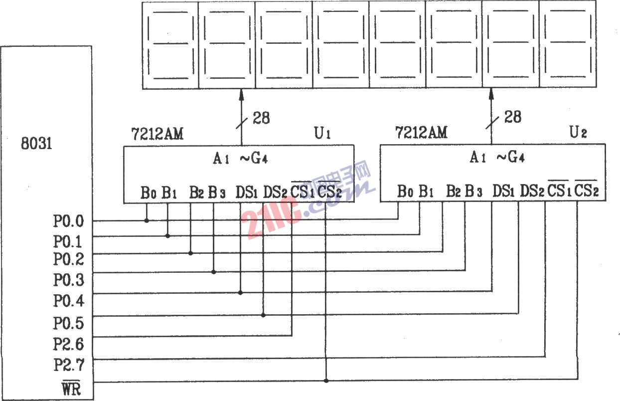 ICM7212AM 4位并行顯示/譯碼/驅動器(硬件譯碼)構成的8位靜態(tài)LED顯示器電路圖