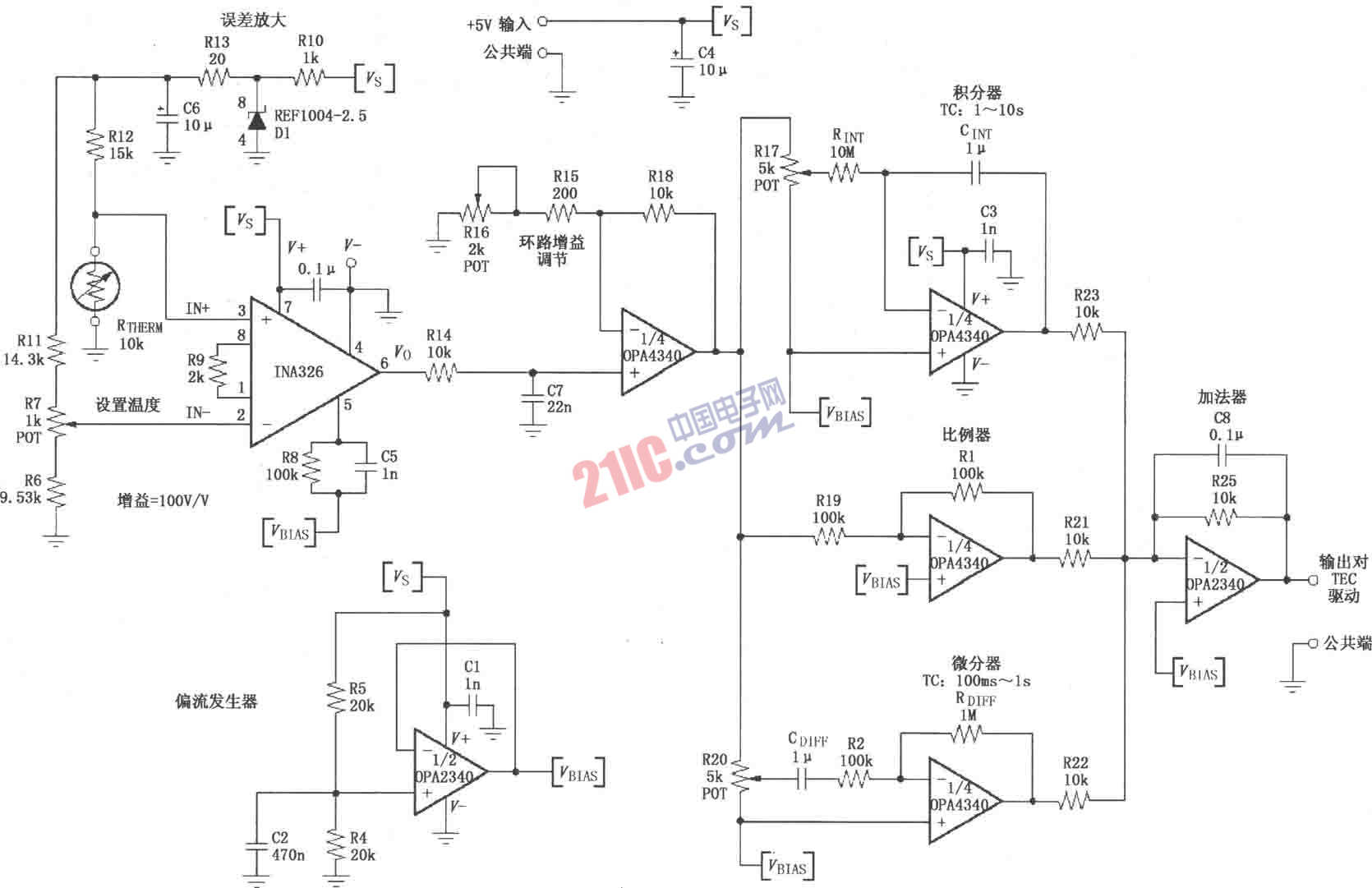 INA326/327構(gòu)成的單電源PID(比例-積分-微分)溫度控制環(huán)路電路