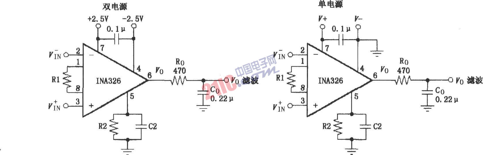 INA326/327的信號(hào)和電源的基本連接電路圖