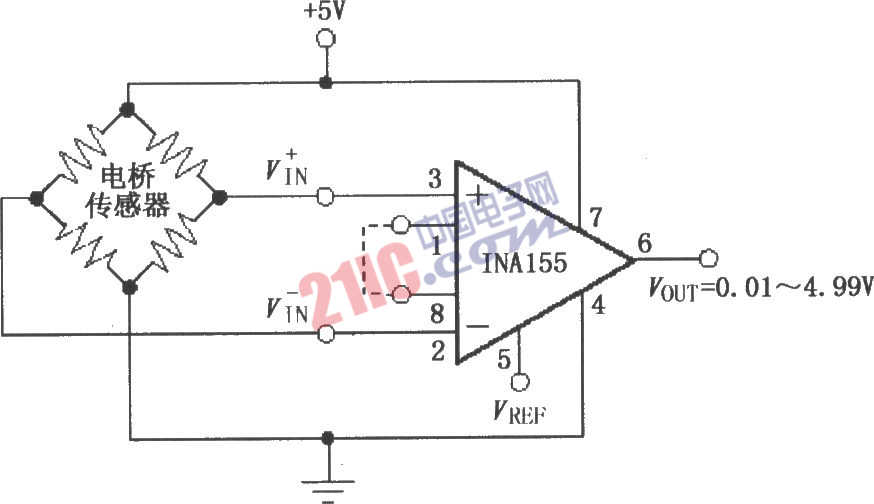 INA155構(gòu)成的電阻電橋放大電路圖