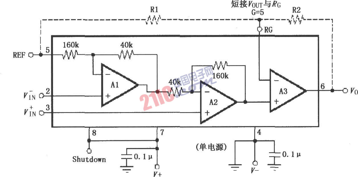 INA321/322的信號(hào)和電源的基本連接電路圖