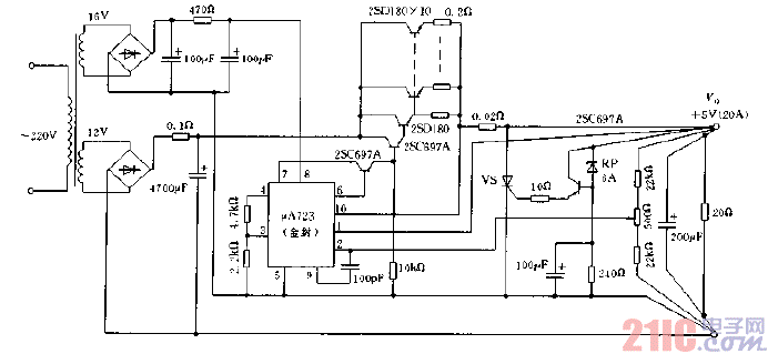 采用μA723構(gòu)成的輸出20A，5V穩(wěn)壓電源電路圖.gif