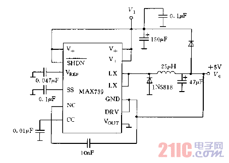 MAX739構成的降壓型穩(wěn)壓器電路圖.gif