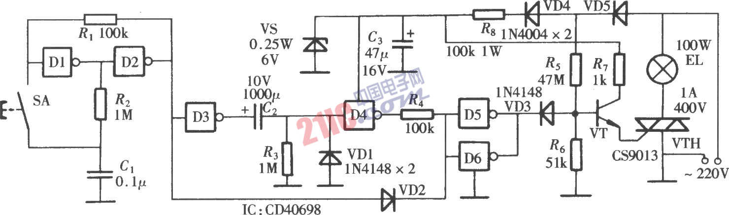 門電路組成的床頭延時燈電路