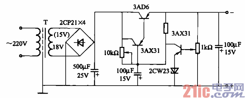 25.6至15V、500mA可調(diào)式穩(wěn)壓電源電路.gif