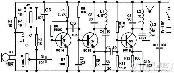 9018三極管組成的無(wú)線話筒電路圖