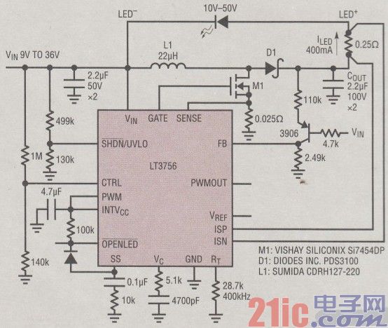 基于LT3756的降壓-升壓模式驅(qū)動器電路圖